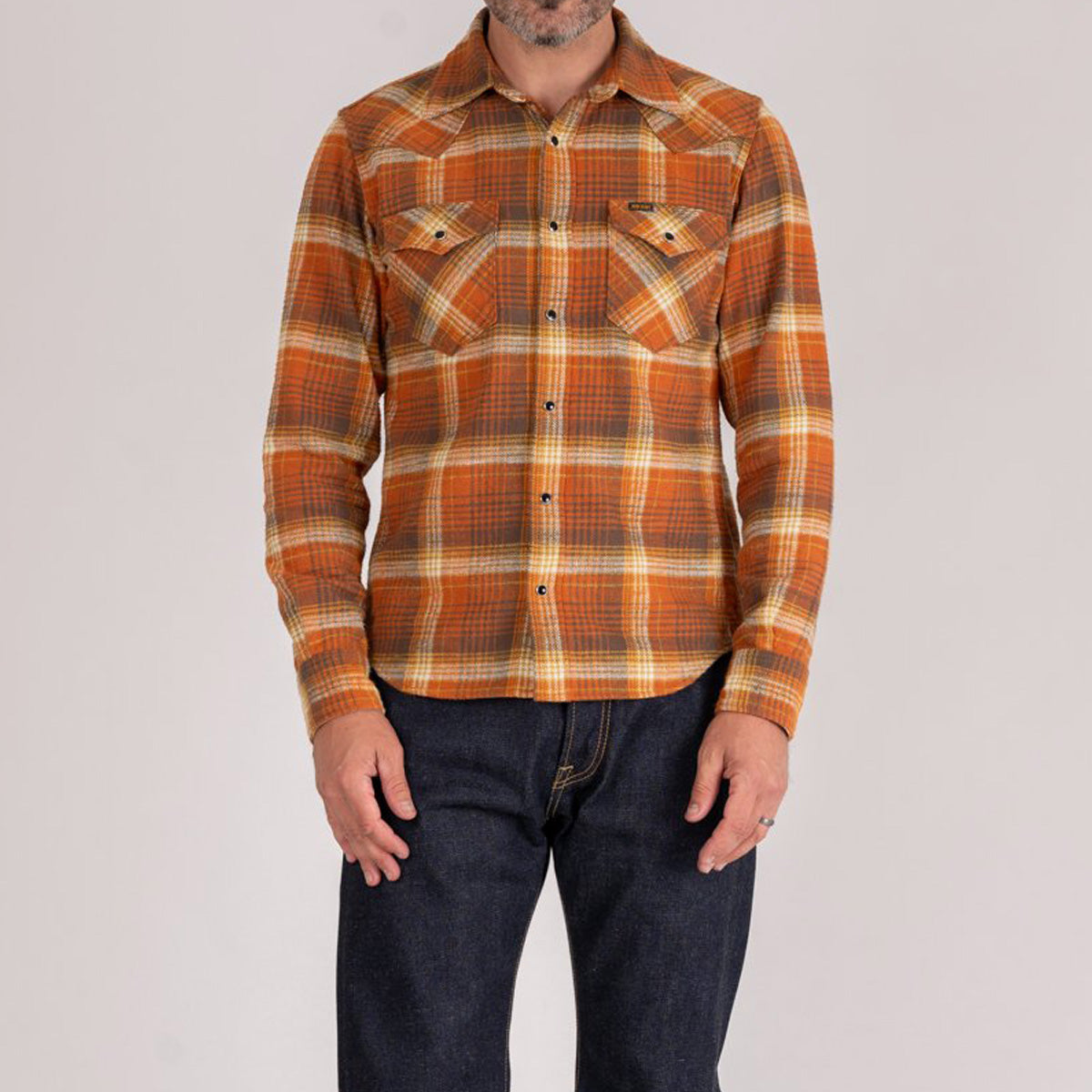 IHSH-399 12 oz. Slubby Heavy Flannel Check Western Shirt Orange