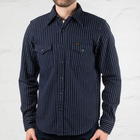 IHSH-401-NAV 12 oz. Heavy Flannel Chalk Stripe Western Shirt Navy