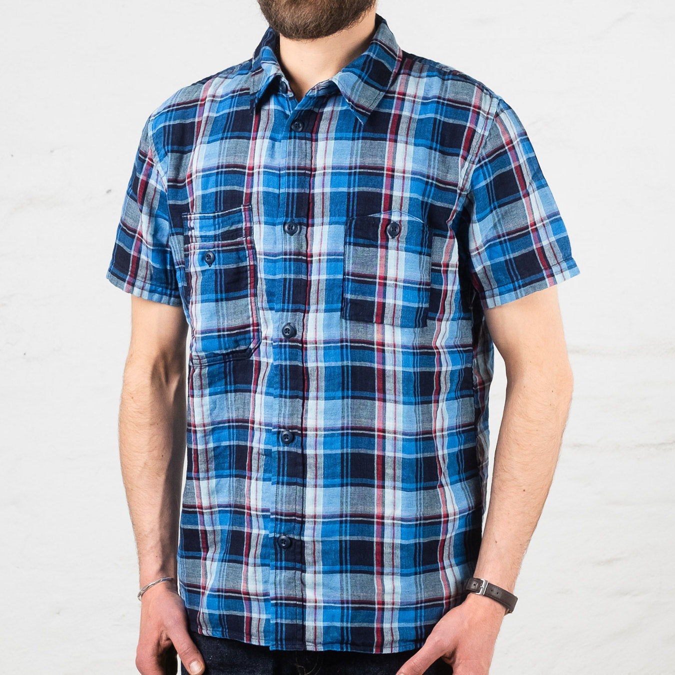 SS-2217 Double Gauze Check Short Sleeve Shirt Indigo