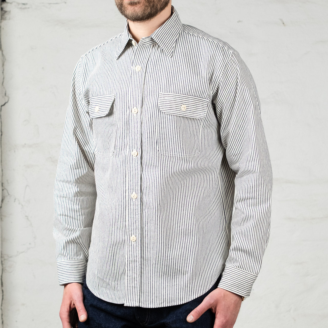 Hickory Stripe Work Shirt Off White