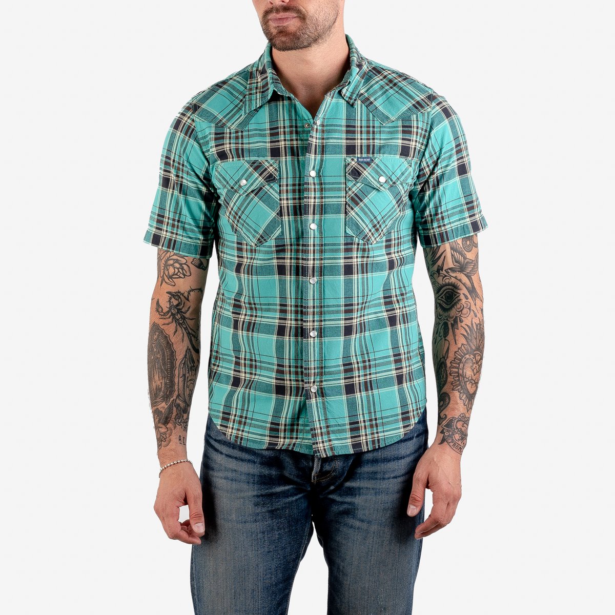 IHSH-359 5oz Selvedge Madras Short Sleeve Western Shirt Grün