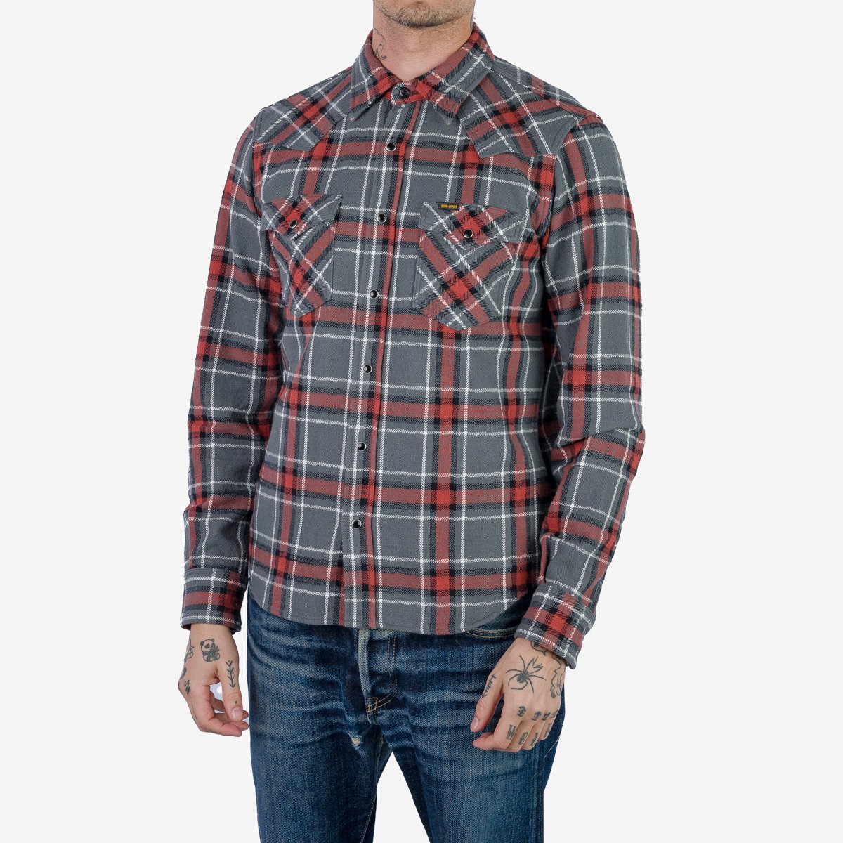 IHSH-369 Slubby Heavy Flannel HB Check Western Shirt Grau