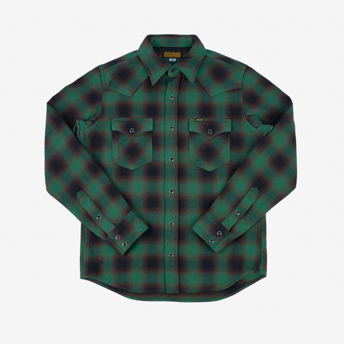 IHSH-373 Heavy Flannel Ombré Check Western Shirt Grün