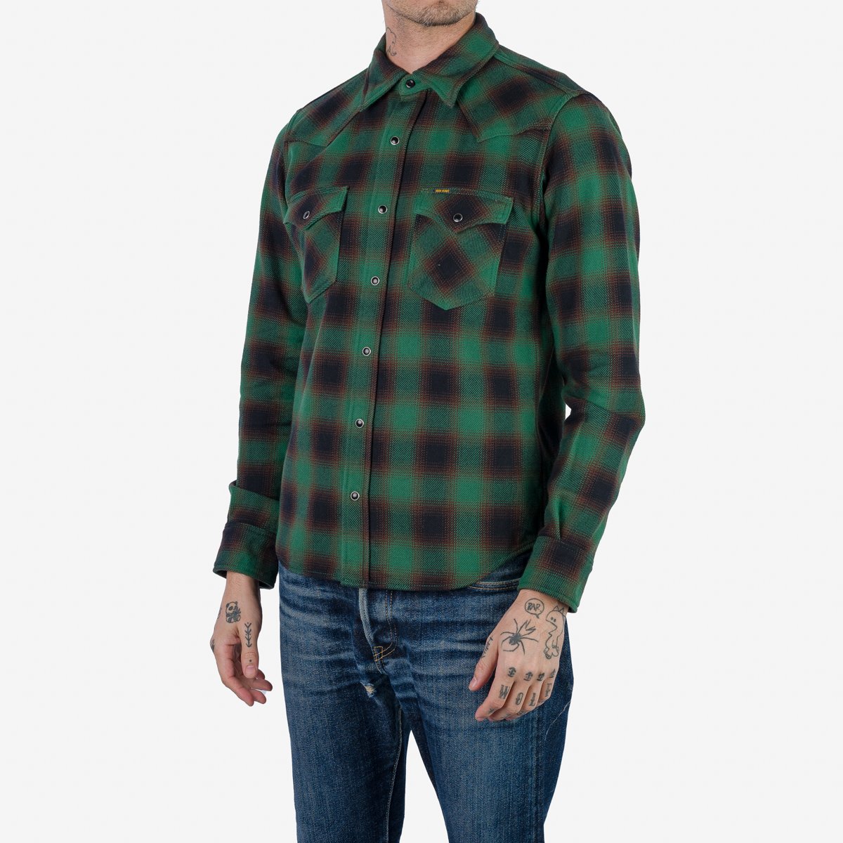 IHSH-373 Heavy Flannel Ombré Check Western Shirt Grün